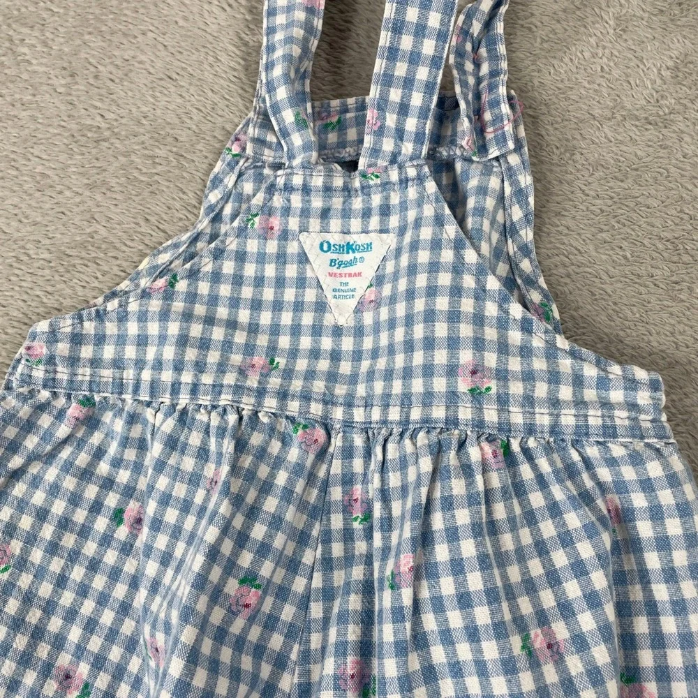 Vintage OshKosh B'gosh Overalls Kids 4T Blue Gingham Floral Vestbak Made in USA